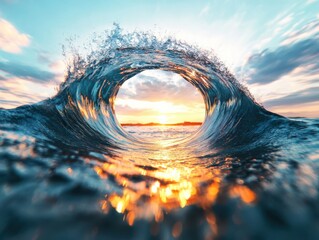 Dramatic ocean wave barrel at sunset, viewed from inside the tube with golden light reflecting on the water, showcasing the power and beauty of nature.