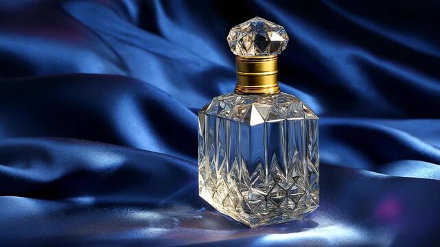 Ultra HD Elegant crystal perfume bottle with a gold neck and faceted stopper on luxurious dark blue satin fabric, reflecting light beautifully video