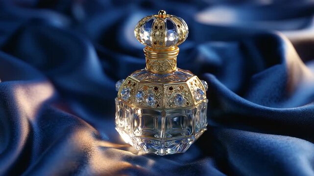 Ultra HD Opulent gold and crystal perfume bottle on luxurious dark blue silk fabric with dramatic lighting video
