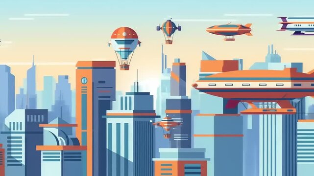 Futuristic Cityscape with Airships and Drones.