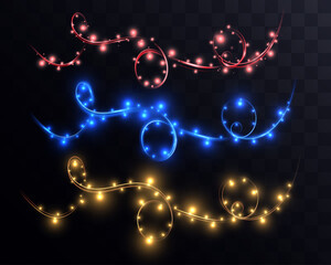 Set of red blue and gold glowing fairy light garlands isolated on transparent dark background
