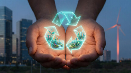 Hands holding a glowing recycle symbol with city and wind turbine background