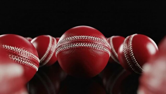 multiple red cricket balls in dramatic studio lighting hd 4k, row of cricket balls on dark background with reflections hd 4k