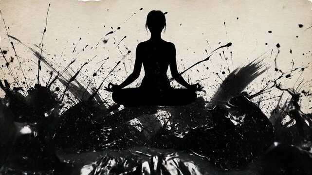 Silhouette of a person in a meditative yoga pose, centered amidst dramatic, dark ink splatters and abstract brush strokes on a textured, neutral background.