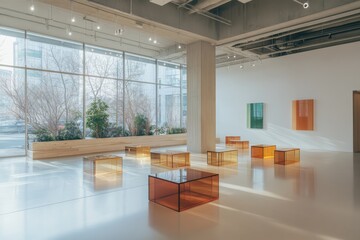 Modern art gallery interior with minimalist white walls, polished concrete floor, and large windows, showcasing a collection of translucent amber and clear acrylic cube sculptures.
