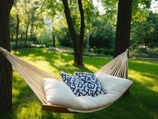 Relaxing Hammock with Pillows in a Lush Green Garden on a Sunny Day, Outdoor Leisure and Serenity