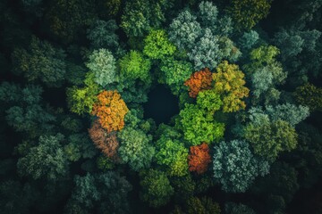 Aerial View of a Dense Forest Canopy with Patches of Autumn Colors, Circular Pattern and Dark Center