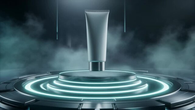 Cosmetic Tube Product Display on Futuristic Neon Podium