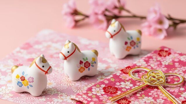 Three cute ceramic horse figurines with floral designs symbolizing good luck for Japanese New Year celebration