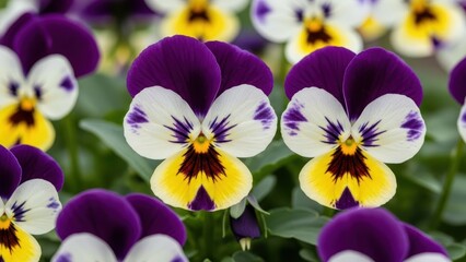 Colorful purple white yellow pansy flowers blooming beautifully in a vibrant green spring garden landscape