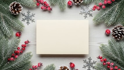 Blank cream card framed with frosted Christmas fir branches red berries and pine cones winter holiday season