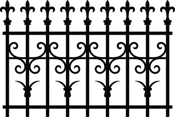 Ornamental wrought iron fence silhouette vector illustration, decorative vintage metal railing with fleur de lis design, classic architectural exterior element isolated © Vector's World