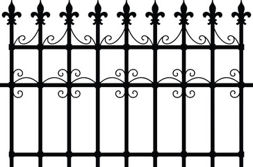 Ornamental wrought iron fence silhouette vector illustration, decorative vintage metal railing with fleur de lis finials and scrollwork, classic architectural exterior element isolated © Vector's World