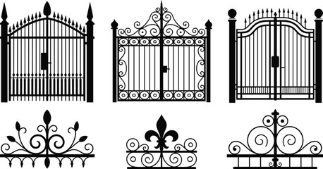 Ornamental wrought iron gates, decorative fence toppers, scrollwork motifs, floral patterns, fleur‑de‑lis designs, symmetrical geometric elements, estate entrances, garden architecture, vector  © Vector's World