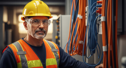 Professional electrician man in safety gear standing near network cables and electrical panel