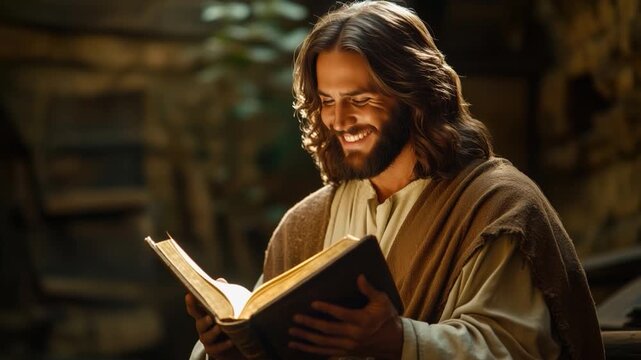Jesus Christ reading the bible in an old church