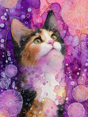 Cute Calico Cat Portrait with Purple Pink Watercolor and Floral Decorative Background