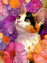 Cute Calico Cat with Purple Pink Orange Watercolor Abstract Floral Background Art