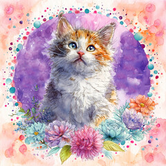 Adorable Fluffy Kitten with Flowers and Colorful Watercolor Splashes Background Art