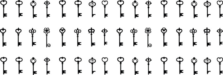 Vintage key silhouettes collection vector illustration, classic antique keys set in multiple shapes, decorative lock symbols isolated on white background © SreePoreshChandra