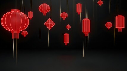 Red paper lanterns hang against a dark background, celebrating a festive occasion.