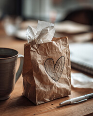 Cozy Gift: Brown Paper Bag with Heart, Coffee, and Pen on Wooden Table