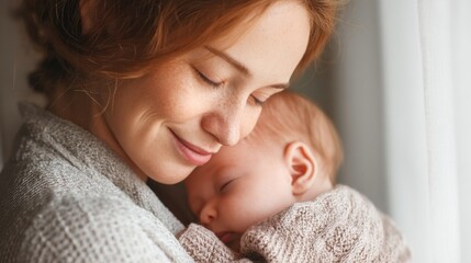 A mother embraces her baby in a warm indoor space showing love and care. The baby sleeps soundly in her arms while the light shines through a curtain.