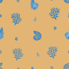 Seamless pattern with corals and shells, marine style