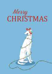 Cute christmas card with  with Russian bozra dog and garland
