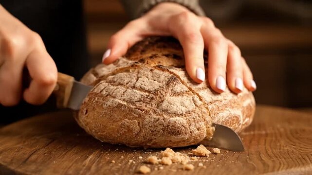 Close-up of hands slicing a fresh, rustic loaf of homemade bread on a wooden cutting board, preparing a delicious meal