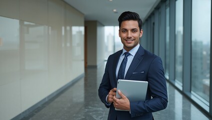 Fototapeta premium Confident professional man in sharp navy suit holding a digital tablet while standing in a modern corporate office hallway