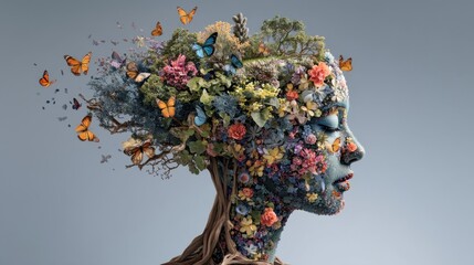 A creative scene shows a woman's head formed by a variety of plants and flowers. Butterflies are seen flying around her. This artwork expresses the connection between nature and humanity.