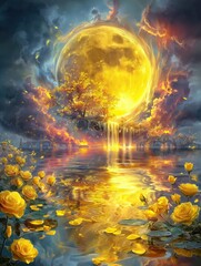 Obraz premium Vertical abstract fantasy night sky with a large, glowing yellow full moon and swirling, dramatic dark blue and black clouds smoke, celestial art.