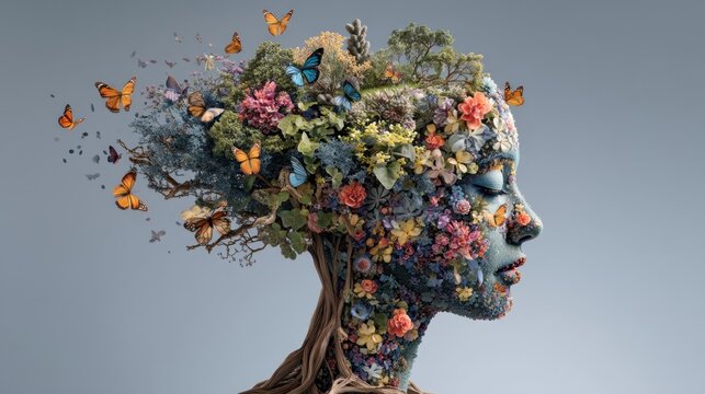 A creative scene shows a woman's head formed by a variety of plants and flowers. Butterflies are seen flying around her. This artwork expresses the connection between nature and humanity.