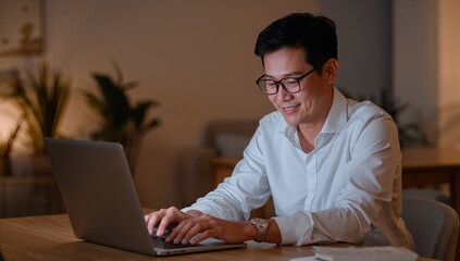 Focused Asian man wearing glasses smiles while working intently on a silver laptop computer during the evening hours at home