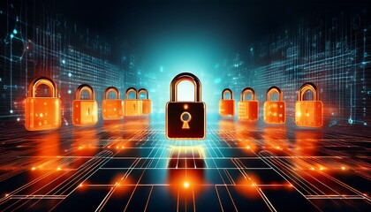 abstract digital representation of cybersecurity with glowing orange padlocks on a futuristic data grid background emphasizing protection and security technology
