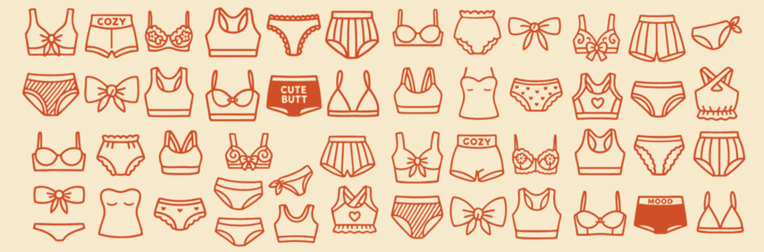 Hand drawn line art lingerie icons row featuring cozy slogan panties, bralettes and bows in terracotta on pastel beige background, flat vector design for fashion branding, playful mood