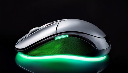 sleek grey computer mouse with illuminated green scroll wheel on a black background