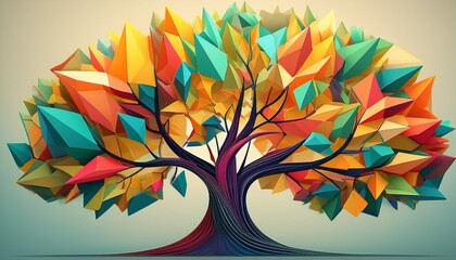 colorful abstract tree design composed of vibrant polygon shapes forming leaves and branches