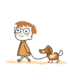 Naklejka premium Cute hand drawn cartoon character traveling and walking with dog