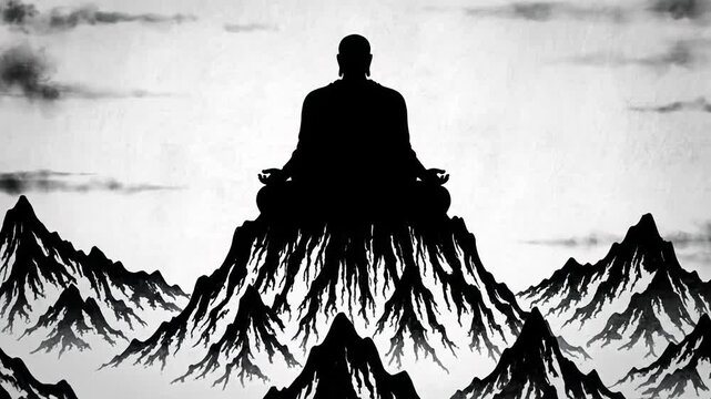 A solitary figure in a meditative pose sits silhouetted on the highest mountain peak, encircled by a range of dramatic, jagged mountains under a sky filled with dark, swirling clouds.