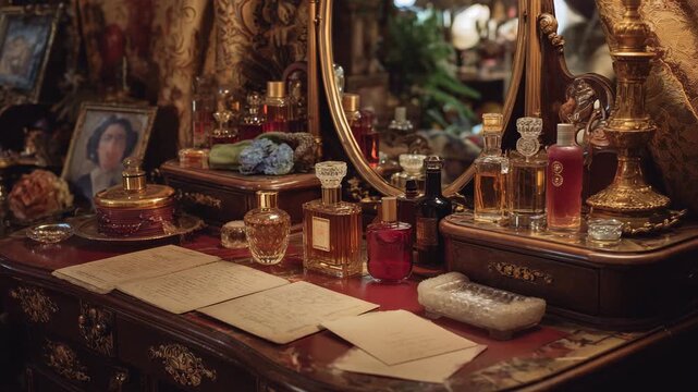 Ultra HD Elegant vintage dressing table with antique perfume bottles, ornate mirror, and old papers in a luxurious boudoir setting video