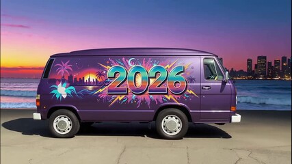 Vibrant 2026 Van Graffiti with Coastal Sunset and Cityscape Mural