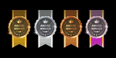 Gold, Silver, Bronze and Fourth Place Winner Award Medal Set Vector &ndash; Luxury Achievement Badges with Ribbon, Competition Prize Medals, Ranking Awards Isolated on Black Background