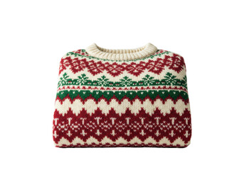 Luxurious, hand-knitted fair isle christmas sweater (crimson/green/cream wool) featuring detailed snowflake motifs, isolated on a clean high-key white background, macro detail focusing on texture.