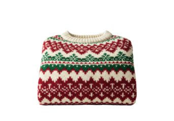 Luxurious, hand-knitted fair isle christmas sweater (crimson/green/cream wool) featuring detailed snowflake motifs, isolated on a clean high-key white background, macro detail focusing on texture.