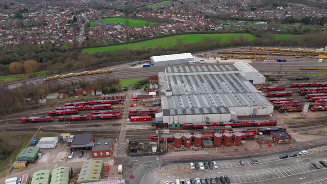 Top Down Aerial Drone View of Large Railway Train Yard Serving Freight Cargo Operations and Logistics Transport Hub in Long Eaton United Kingdom