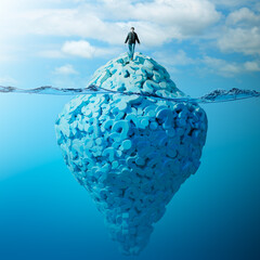 Concept of decision making in an overload scenario, with a person standing on an iceberg with question marks