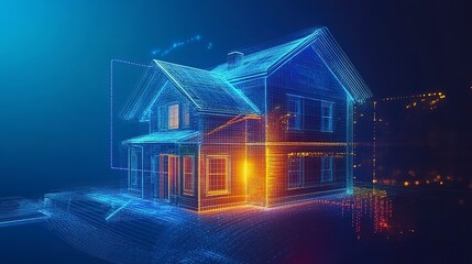 Wireframe house design at night showing detailed structure and lighting effects created by digital technology