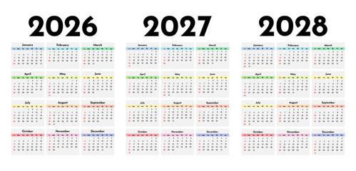 Set of calendars for 2026, 2027 and 2028 on a white background